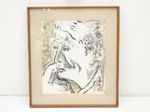 宇佐美省吾筆　松永耳庵像　紙に水彩他　肉筆額装